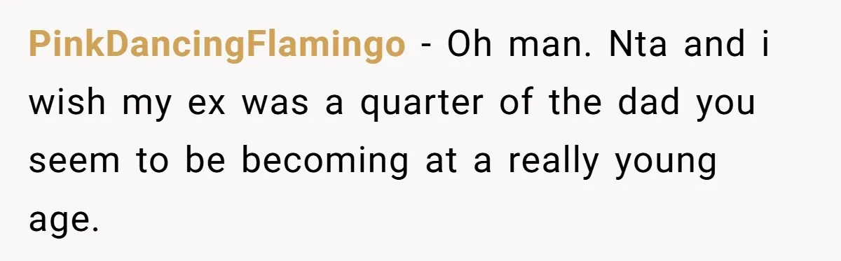 PinkDancingFlamingo − Oh man. Nta and i wish my ex was a quarter of the dad you seem to be becoming at a really young age.