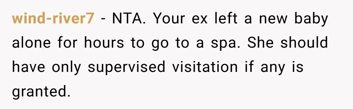 wind-river7 − NTA. Your ex left a new baby alone for hours to go to a spa. She should have only supervised visitation if any is granted.