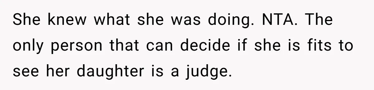 She knew what she was doing. NTA. The only person that can decide if she is fits to see her daughter is a judge.