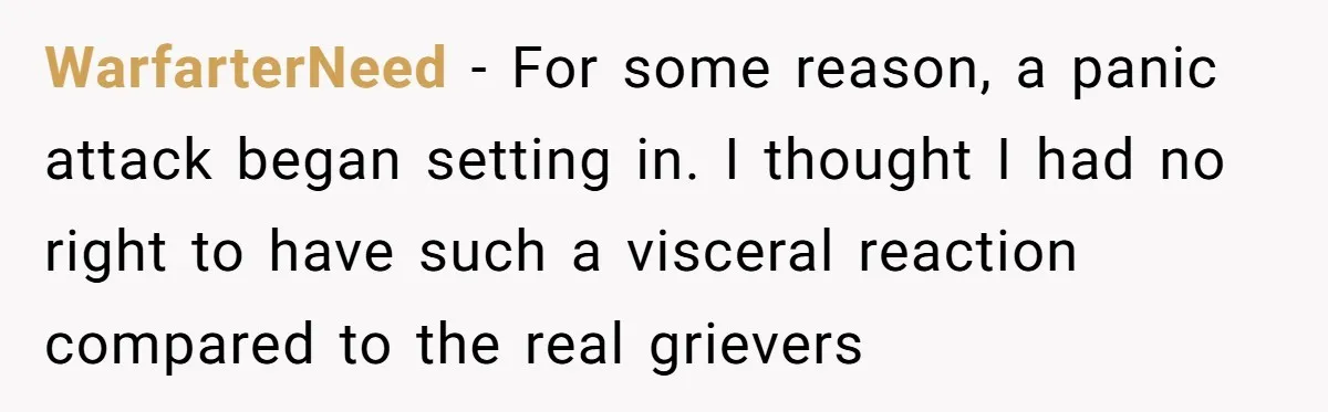 WarfarterNeed − For some reason, a panic attack began setting in. I thought I had no right to have such a visceral reaction compared to the real grievers