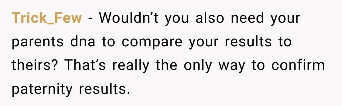 Trick_Few − Wouldn’t you also need your parents dna to compare your results to theirs? That’s really the only way to confirm paternity results.