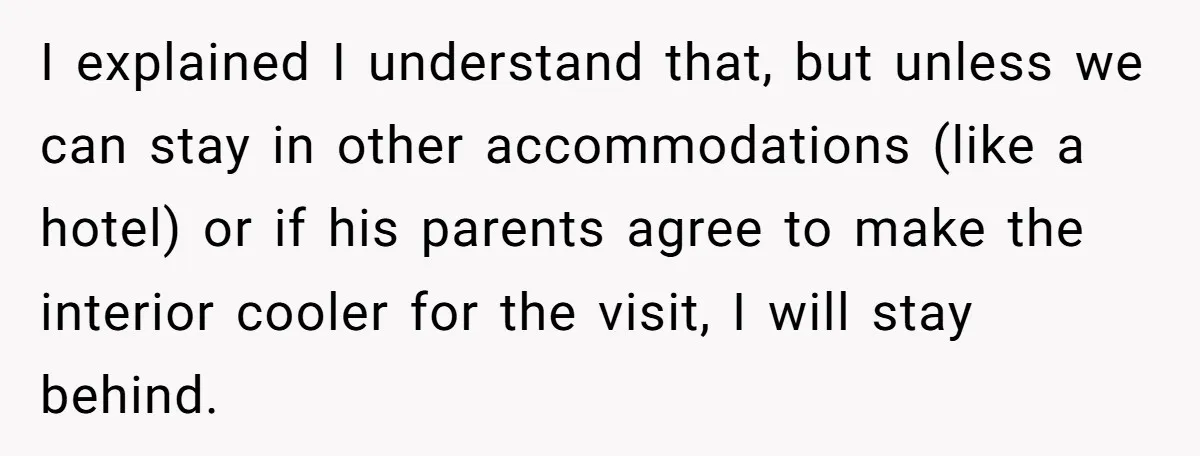 I explained I understand that, but unless we can stay in other accommodations (like a hotel) or if his parents agree to make the interior cooler for the visit, I...