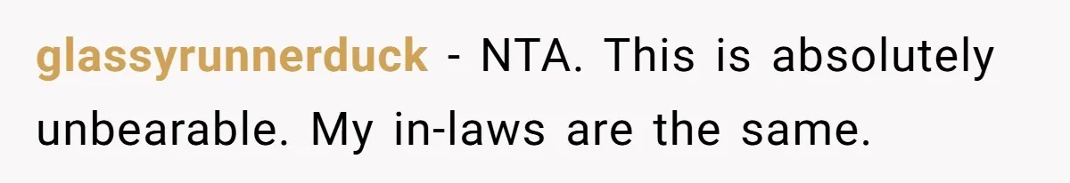 glassyrunnerduck − NTA. This is absolutely unbearable. My in-laws are the same.