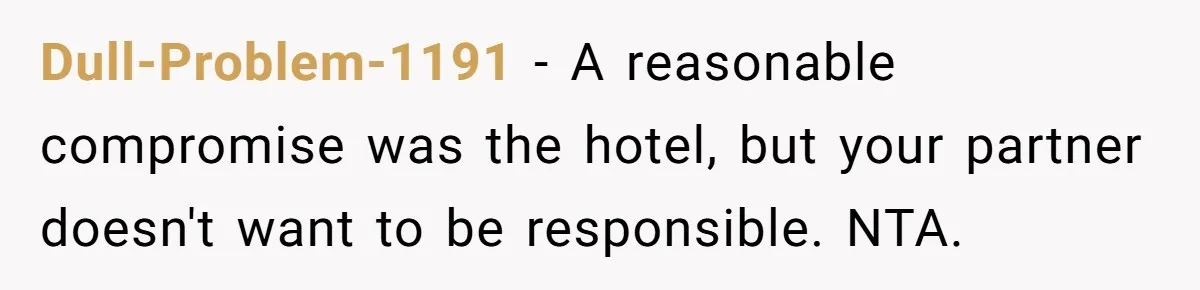 Dull-Problem-1191 − A reasonable compromise was the hotel, but your partner doesn't want to be responsible. NTA.
