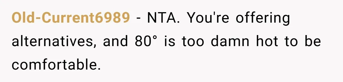 Old-Current6989 − NTA. You're offering alternatives, and 80° is too damn hot to be comfortable.