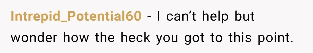 Intrepid_Potential60 − I can’t help but wonder how the heck you got to this point.