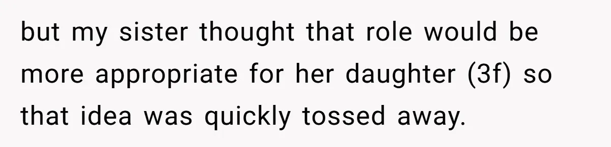 but my sister thought that role would be more appropriate for her daughter (3f) so that idea was quickly tossed away.