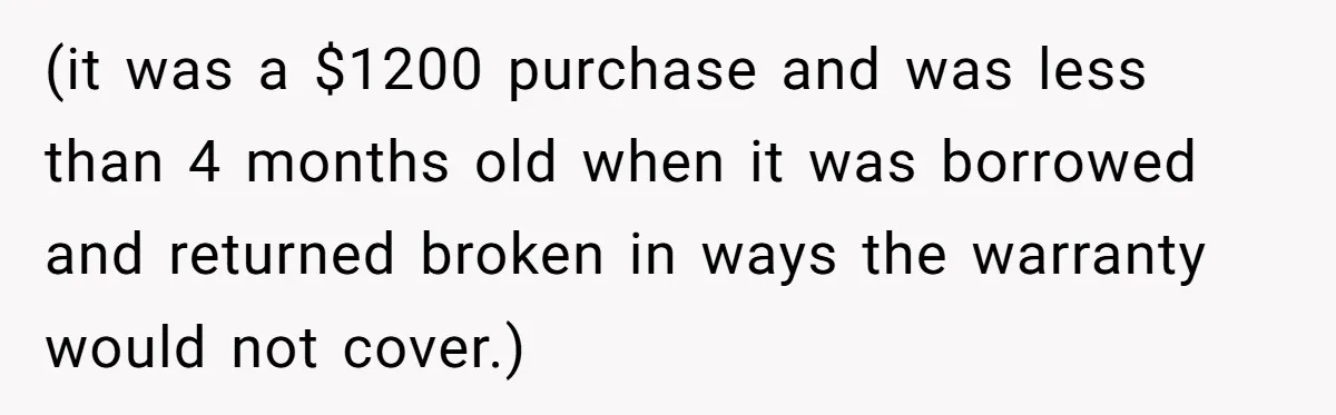 (it was a $1200 purchase and was less than 4 months old when it was borrowed and returned broken in ways the warranty would not cover.)