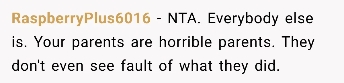 RaspberryPlus6016 − NTA. Everybody else is. Your parents are horrible parents. They don't even see fault of what they did.