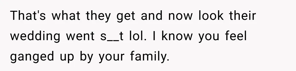 That's what they get and now look their wedding went s__t lol. I know you feel ganged up by your family.