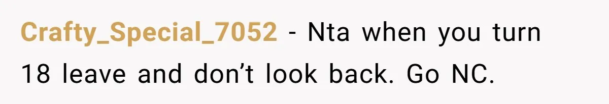 Crafty_Special_7052 − Nta when you turn 18 leave and don’t look back. Go NC.