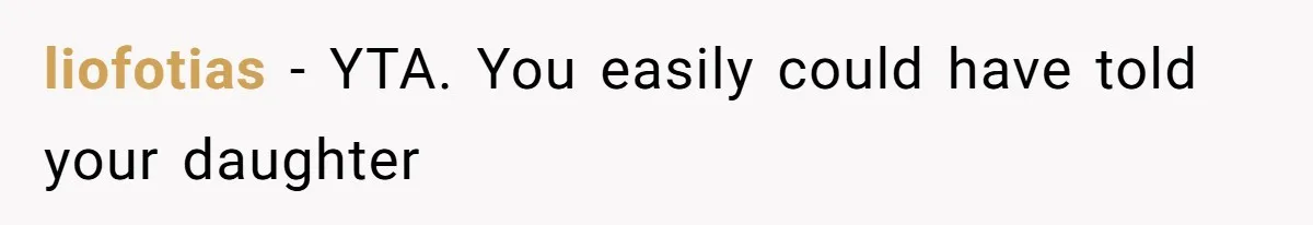 liofotias − YTA. You easily could have told your daughter
