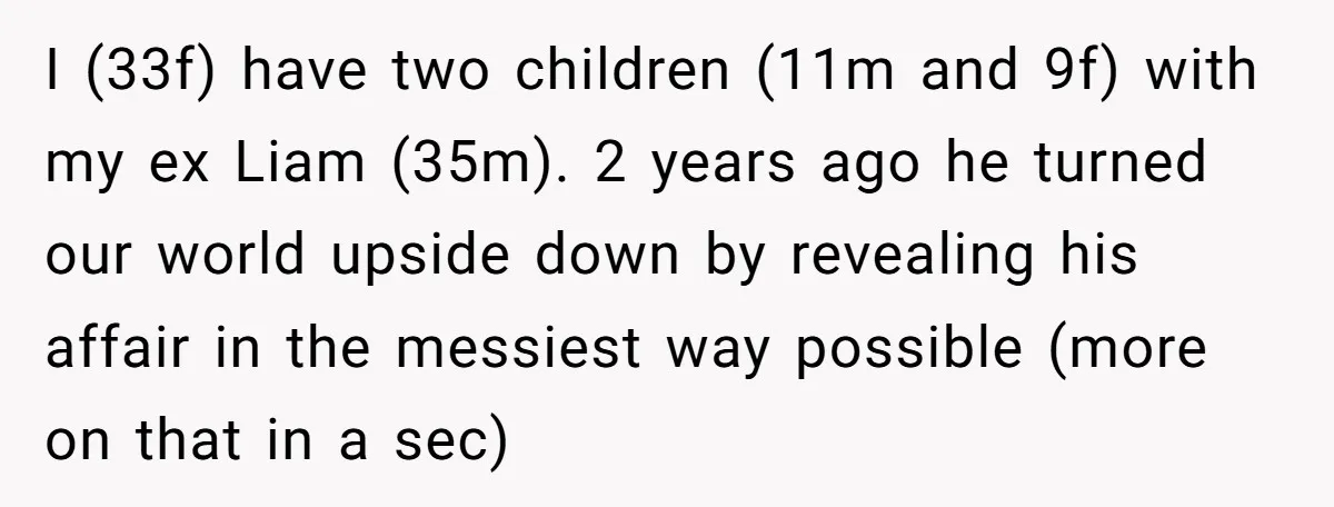 I (33f) have two children (11m and 9f) with my ex Liam (35m). 2 years ago he turned our world upside down by revealing his affair in the messiest way...