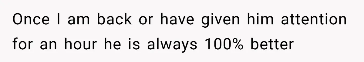Once I am back or have given him attention for an hour he is always 100% better