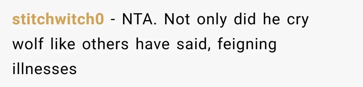 stitchwitch0 − NTA. Not only did he cry wolf like others have said, feigning illnesses