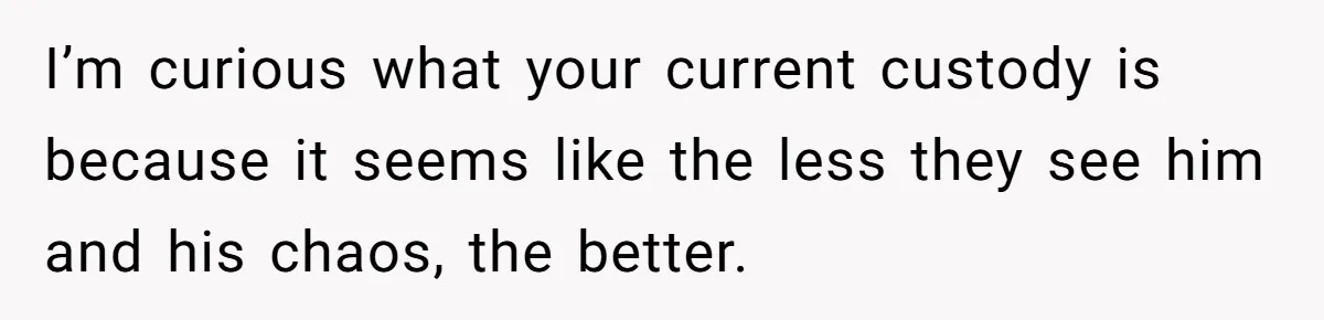 I’m curious what your current custody is because it seems like the less they see him and his chaos, the better.