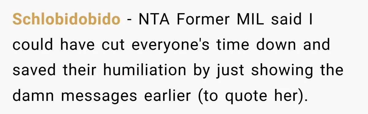 Schlobidobido − NTA Former MIL said I could have cut everyone's time down and saved their humiliation by just showing the damn messages earlier (to quote her).