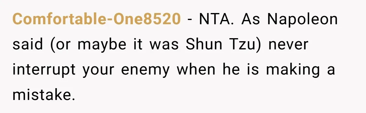 Comfortable-One8520 − NTA. As Napoleon said (or maybe it was Shun Tzu) never interrupt your enemy when he is making a mistake.