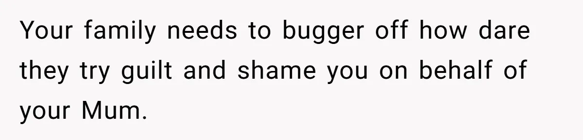 Your family needs to bugger off how dare they try guilt and shame you on behalf of your Mum.