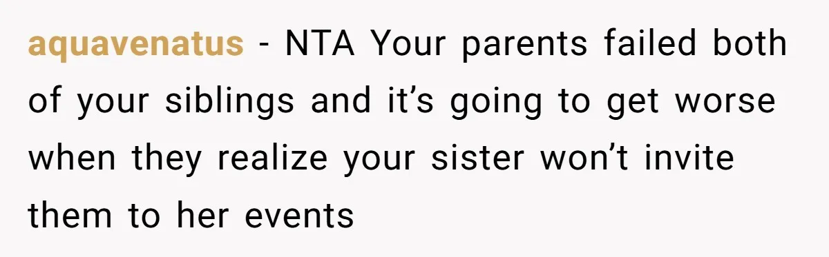 aquavenatus − NTA Your parents failed both of your siblings and it’s going to get worse when they realize your sister won’t invite them to her events