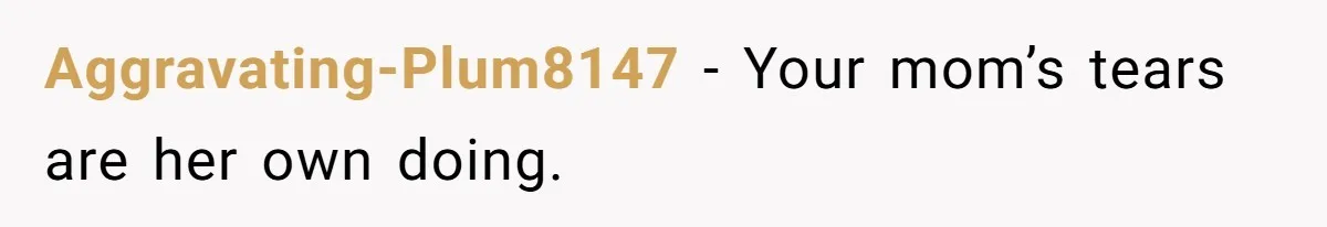 Aggravating-Plum8147 − Your mom’s tears are her own doing.