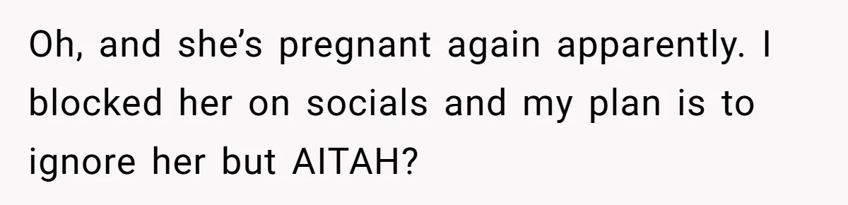 Oh, and she’s pregnant again apparently. I blocked her on socials and my plan is to ignore her but AITAH?
