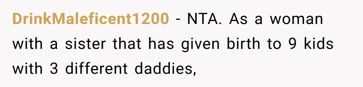 DrinkMaleficent1200 − NTA. As a woman with a sister that has given birth to 9 kids with 3 different daddies,