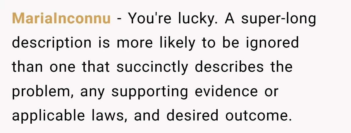 MariaInconnu − You're lucky. A super-long description is more likely to be ignored than one that succinctly describes the problem, any supporting evidence or applicable laws, and desired outcome.