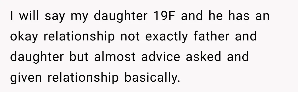 I will say my daughter 19F and he has an okay relationship not exactly father and daughter but almost advice asked and given relationship basically.