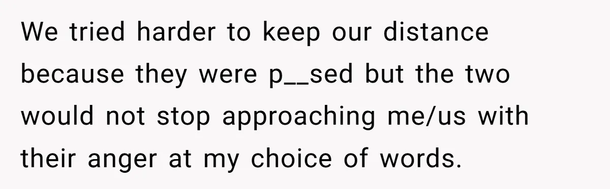 We tried harder to keep our distance because they were p__sed but the two would not stop approaching me/us with their anger at my choice of words.