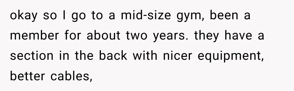 okay so I go to a mid-size gym, been a member for about two years. they have a section in the back with nicer equipment, better cables,