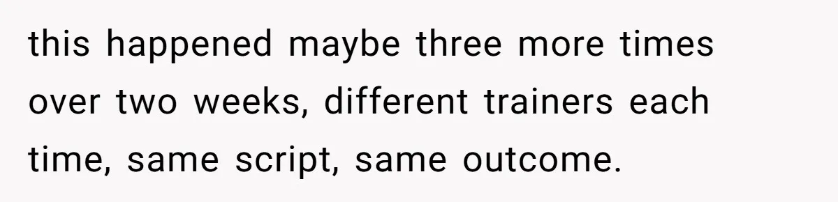 this happened maybe three more times over two weeks, different trainers each time, same script, same outcome.