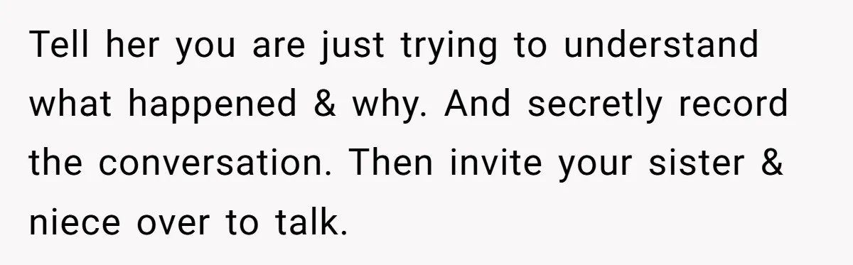 Tell her you are just trying to understand what happened & why. And secretly record the conversation. Then invite your sister & niece over to talk.