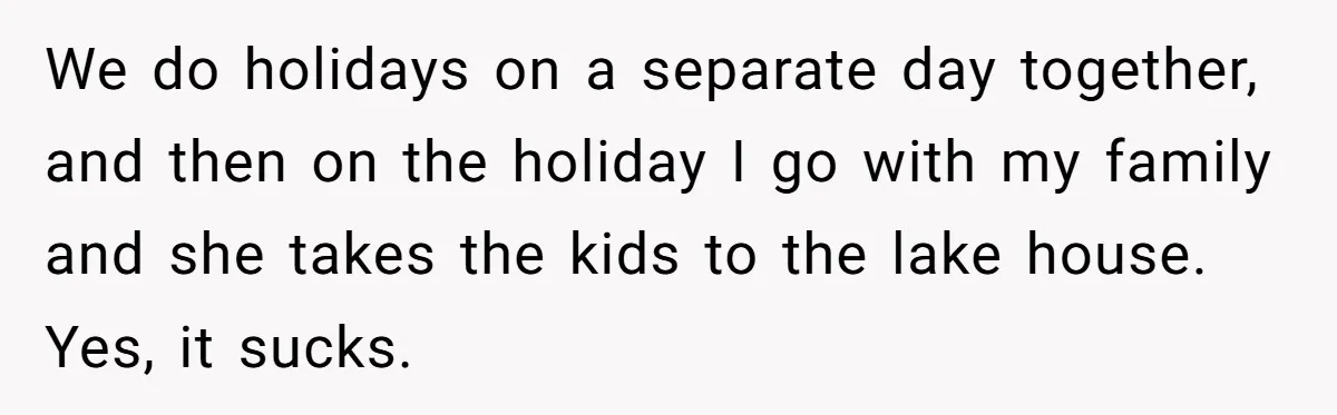 We do holidays on a separate day together, and then on the holiday I go with my family and she takes the kids to the lake house. Yes, it sucks.