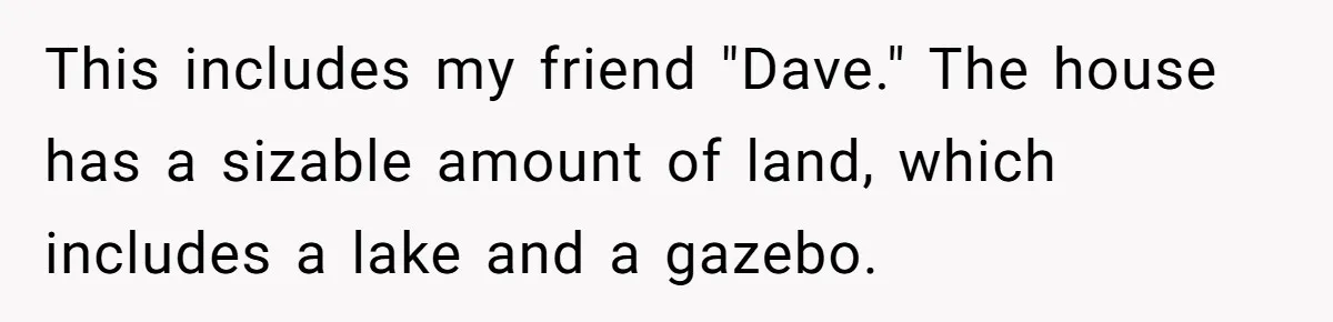 This includes my friend "Dave." The house has a sizable amount of land, which includes a lake and a gazebo.