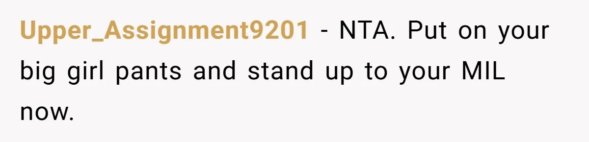 Upper_Assignment9201 − NTA. Put on your big girl pants and stand up to your MIL now.