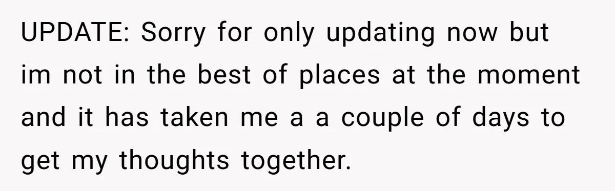 UPDATE: Sorry for only updating now but im not in the best of places at the moment and it has taken me a a couple of days to get my...