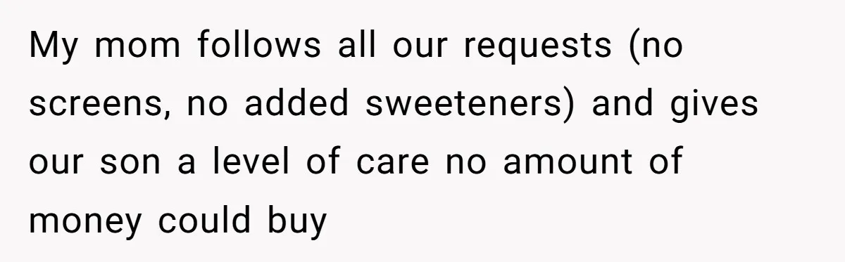 My mom follows all our requests (no screens, no added sweeteners) and gives our son a level of care no amount of money could buy