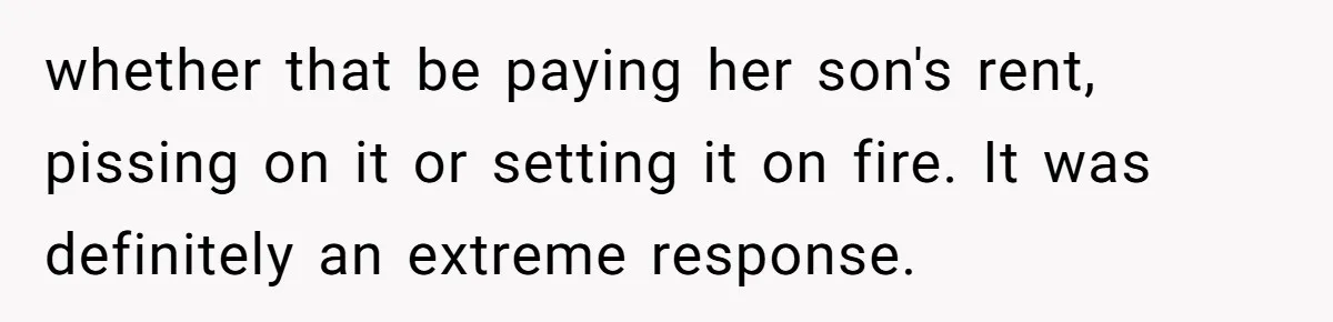 whether that be paying her son's rent, pissing on it or setting it on fire. It was definitely an extreme response.