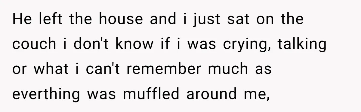 He left the house and i just sat on the couch i don't know if i was crying, talking or what i can't remember much as everthing was muffled around...