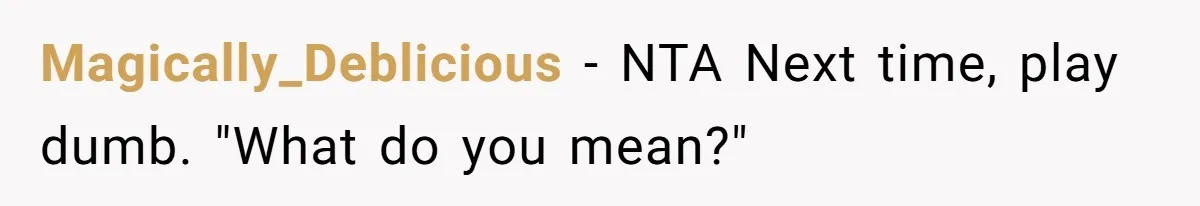 Magically_Deblicious − NTA Next time, play dumb. "What do you mean?"