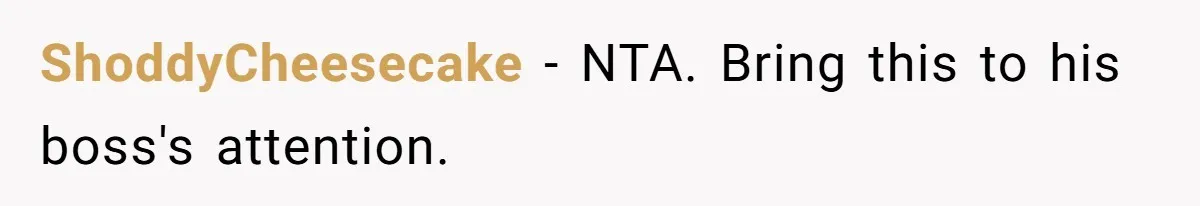 ShoddyCheesecake − NTA. Bring this to his boss's attention.