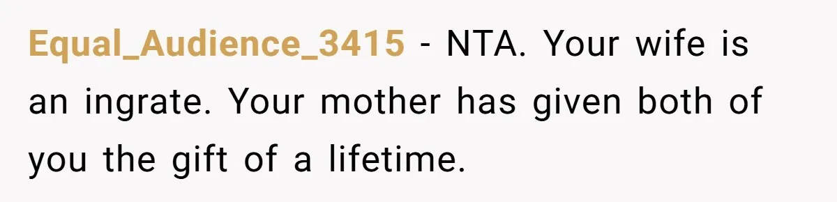 Equal_Audience_3415 − NTA. Your wife is an ingrate. Your mother has given both of you the gift of a lifetime.