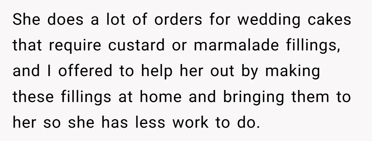 She does a lot of orders for wedding cakes that require custard or marmalade fillings, and I offered to help her out by making these fillings at home and bringing...
