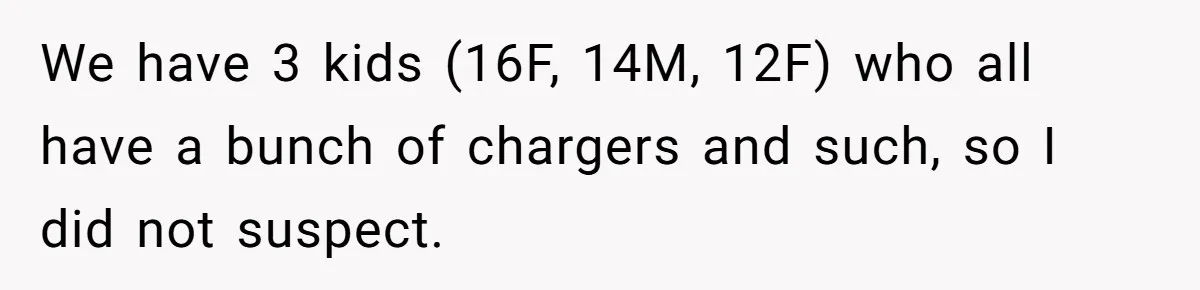 We have 3 kids (16F, 14M, 12F) who all have a bunch of chargers and such, so I did not suspect.