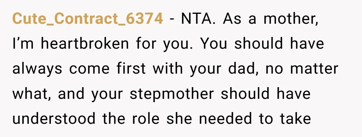 Cute_Contract_6374 − NTA. As a mother, I’m heartbroken for you. You should have always come first with your dad, no matter what, and your stepmother should have understood the role...