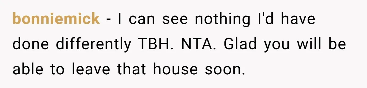 bonniemick − I can see nothing I'd have done differently TBH. NTA. Glad you will be able to leave that house soon.