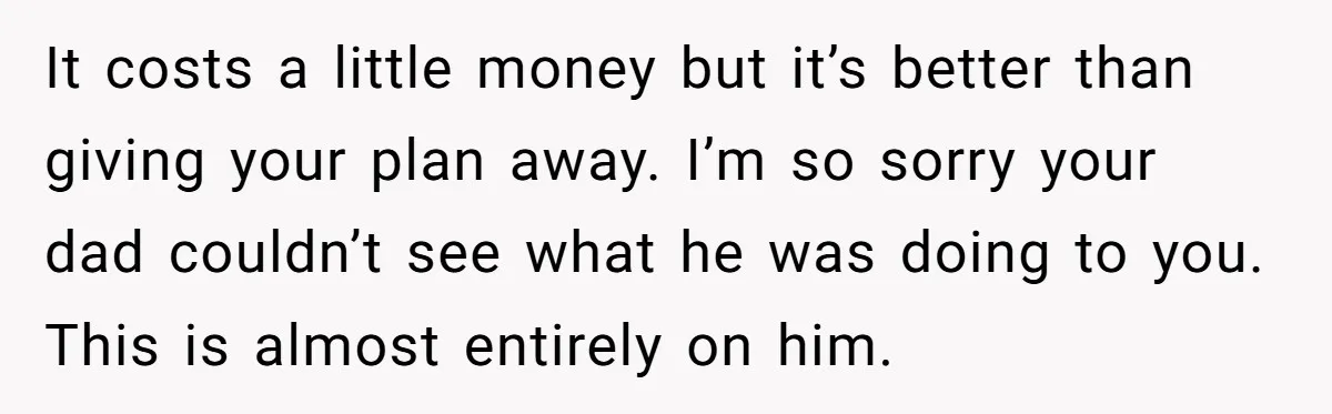 It costs a little money but it’s better than giving your plan away. I’m so sorry your dad couldn’t see what he was doing to you. This is almost entirely...
