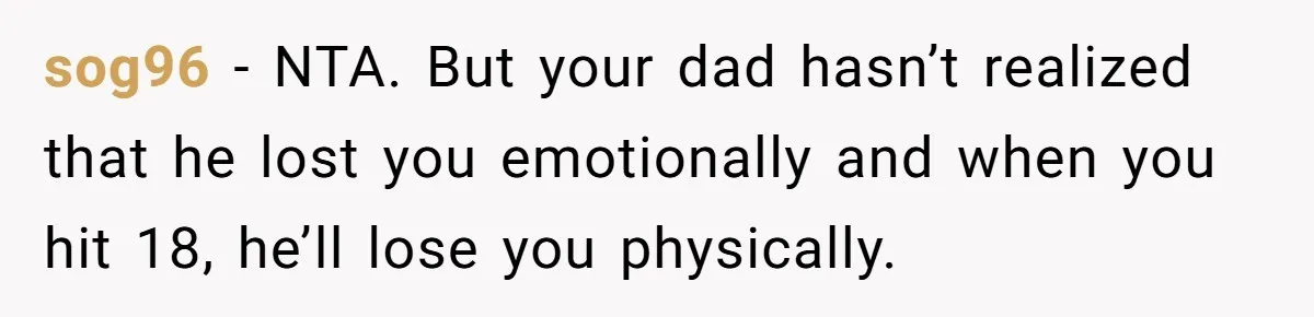 sog96 − NTA. But your dad hasn’t realized that he lost you emotionally and when you hit 18, he’ll lose you physically.