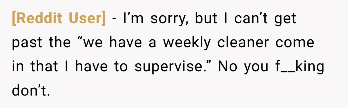 [Reddit User] − I’m sorry, but I can’t get past the “we have a weekly cleaner come in that I have to supervise.” No you f__king don’t.